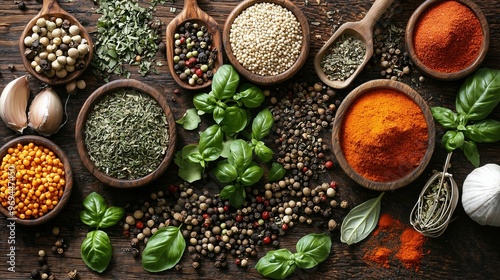 Top View of Assorted Spices, Fresh Herbs, and Cooking Utensils Arranged on a Rustic Wooden Background, Featuring Natural Ingredients Like Garlic, Chili, and Basil for Culinary and Recipe Preparation C