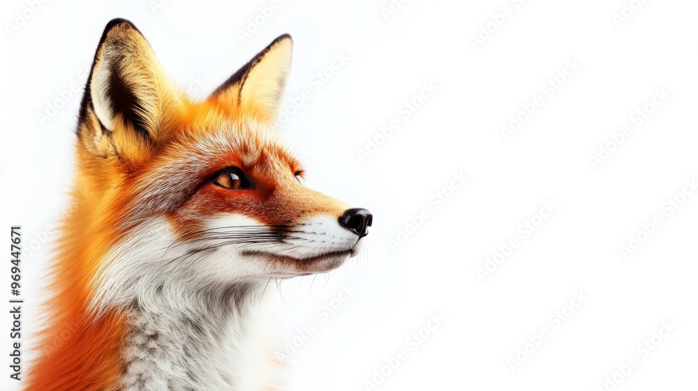 Close-up side profile of a red fox against a white background. The fox's fur looks vibrant and detailed, emphasizing its natural beauty. Close-up side profile of a red fox against a white background. The fox's fur looks vibrant and detailed, emphasizing its natural beauty.