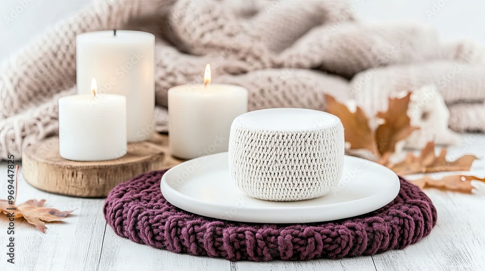 The table is adorned with a burgundy knitted placemat and a white plate, surrounded by candles, pumpkins, and autumn leaves, creating a cozy atmosphere for gatherings The table is adorned with a burgundy knitted placemat and a white plate, surrounded by candles, pumpkins, and autumn leaves, creating a cozy atmosphere for gatherings