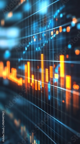 A close-up of a glowing orange line graph on a blue digital screen, displaying a financial or economic trend. photo