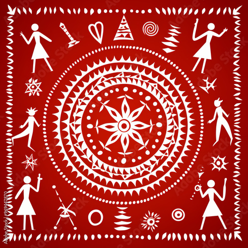 Warli painting ,Blackboard doodle seamless pattern with people silhouette vector icons, tile ,fabric pattern ,Generated By Ai