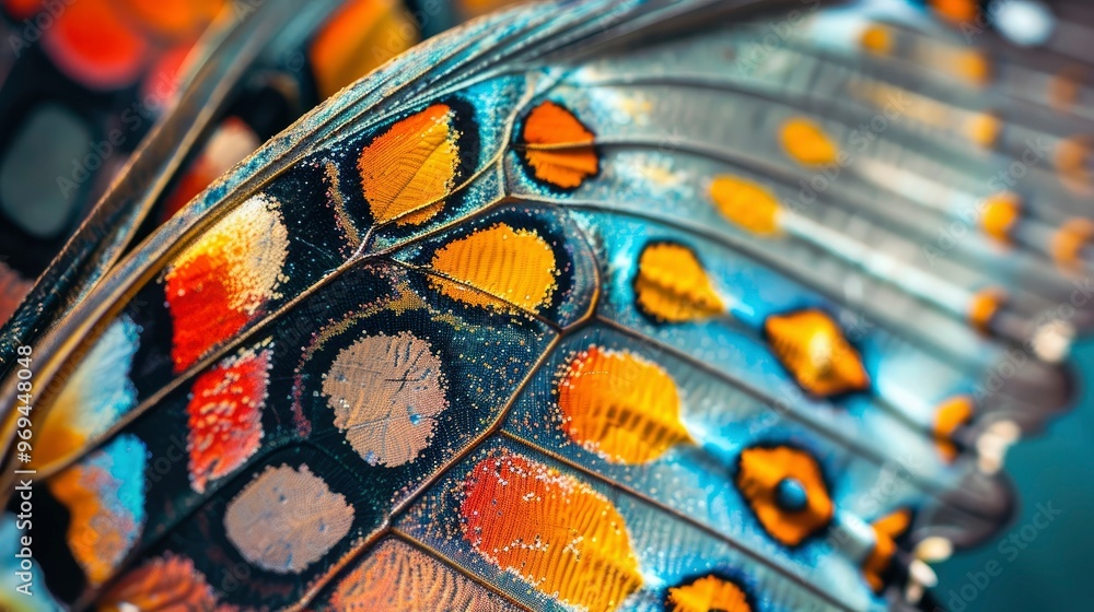 A close-up of a colorful butterfly wing displaying intricate patterns. A close-up of a colorful butterfly wing displaying intricate patterns.