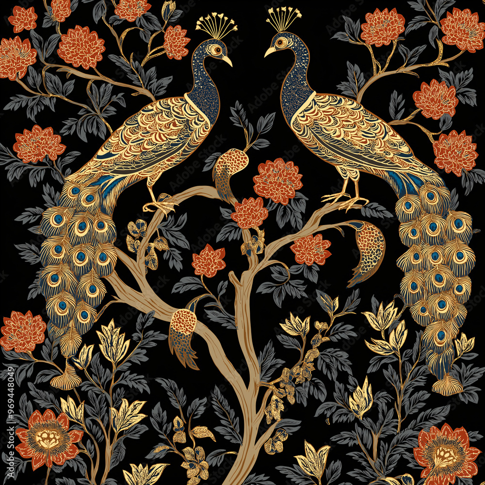 Two majestic pattern with peacocks and flowers in bright colors, thai style Two majestic pattern with peacocks and flowers in bright colors, thai style