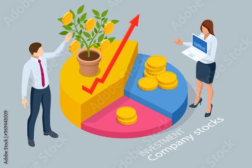 Isometric Investment Company stocks. Graphs and charts. Investments in company shares. Monetary investment and profit. Success in business and investments. Financial and stock trading.