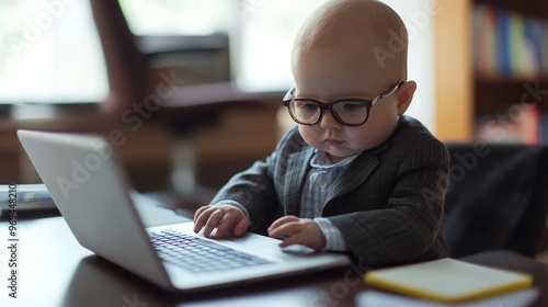 A baby dressed as a business executive, typing on a laptop at a large office desk, glasses slightly askew