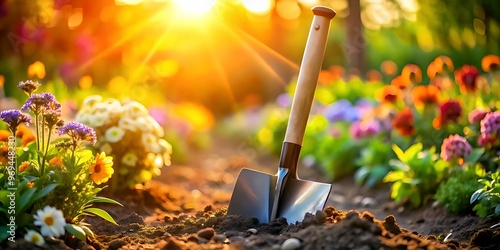 Shovel in Garden at Sunset.