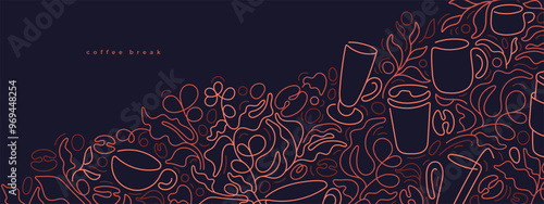 Coffee cup line template. Vector plantation, bean