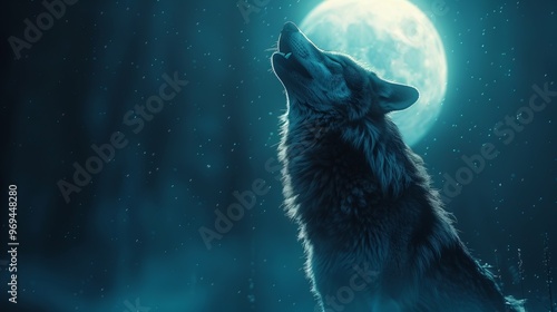 Wallpaper Mural A wolf stands tall, howling towards the luminous full moon, surrounded by mist and shadows in a quiet, mysterious forest at night Torontodigital.ca