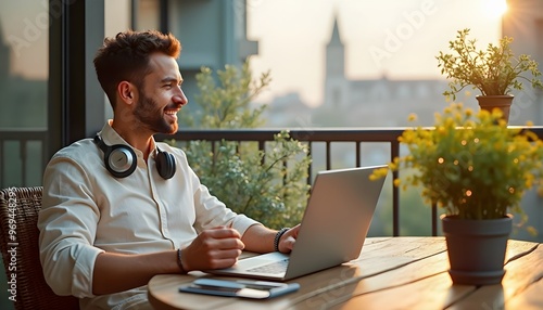 Man Working on Laptop on Balcony with City View.