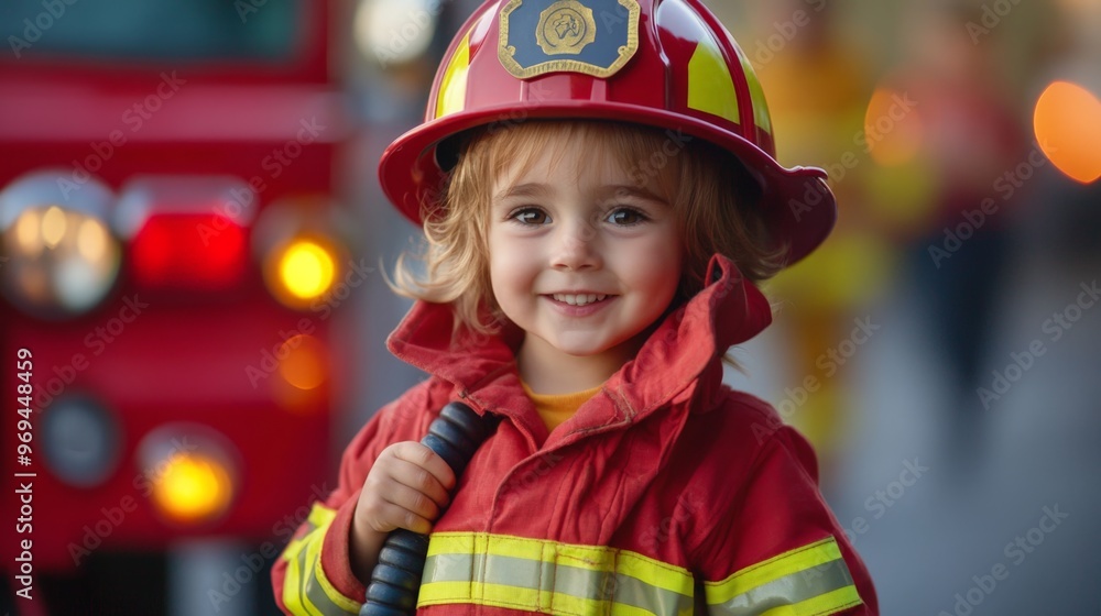 A small child in a firefighter suit, standing confidently in front of a toy fire truck, holding a hose A small child in a firefighter suit, standing confidently in front of a toy fire truck, holding a hose