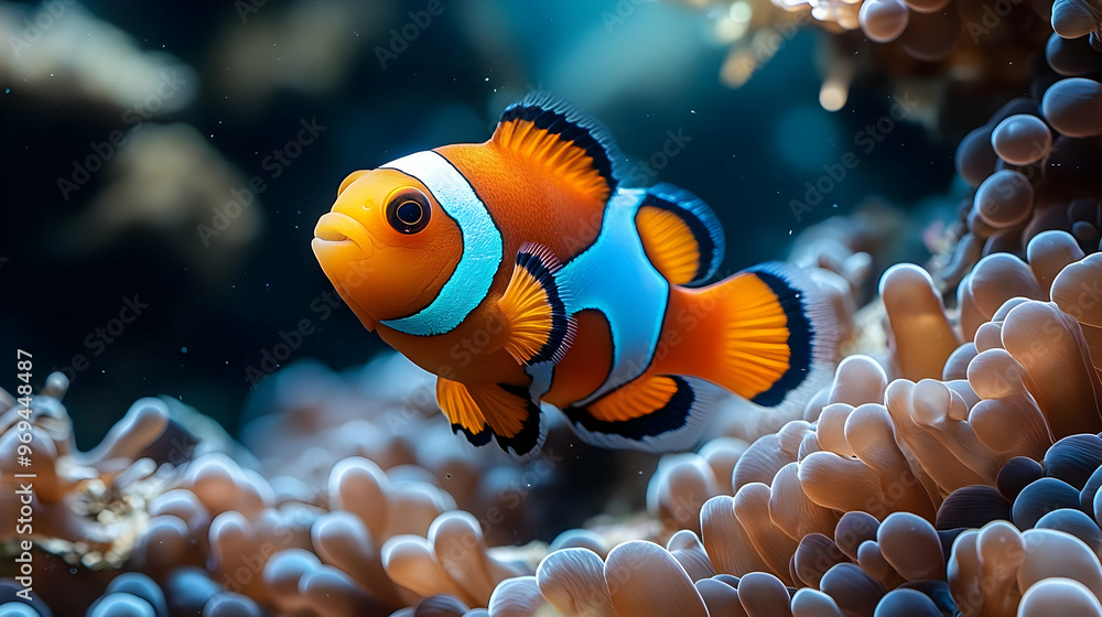 Fototapeta premium A vibrant clownfish swimming among soft corals in a colorful underwater scene.