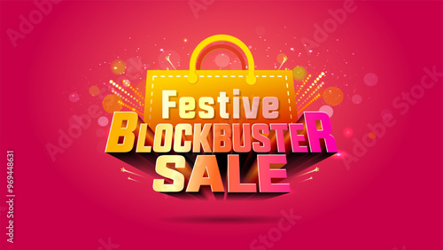 Concept of Festive Blockbuster sale logo. Offer shopping bag with sparkle, crakers and vibrant red background.