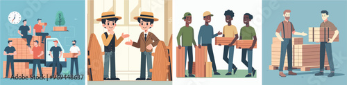 vector set of people selling wood in flat design style photo