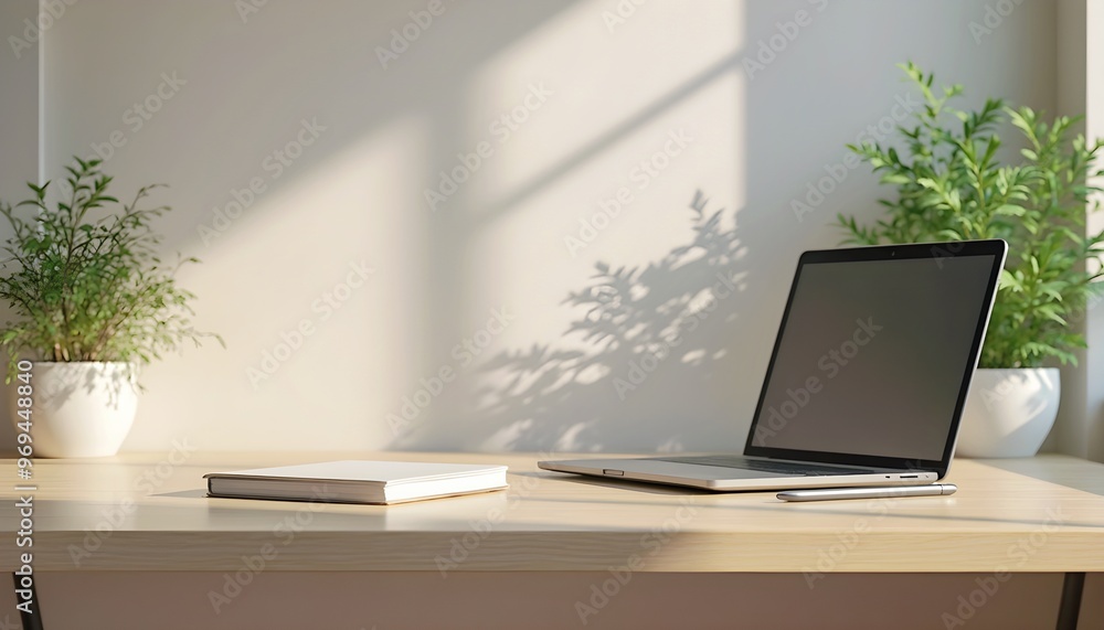 custom made wallpaper toronto digitalLaptop, Book, and Plants on Desk in a Modern Office.