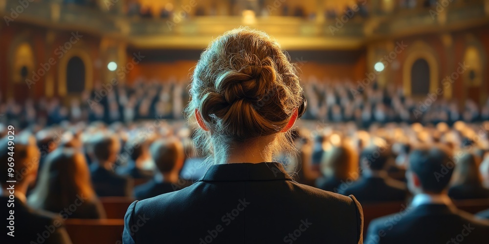 A person with a hearing aid attending a classical music concert in an ornate hall, the atmosphere filled with elegance and the audience quietly appreciating the performan A person with a hearing aid attending a classical music concert in an ornate hall, the atmosphere filled with elegance and the audience quietly appreciating the performan