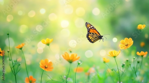 Monarch butterfly flying pass flowers with green background bokeh-Dreamy abstract out of focus photography perspective insect outdoors photography art. photo