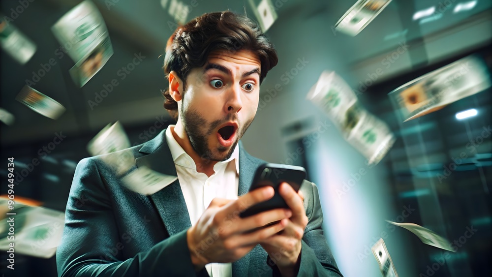 Man Shocked Looking at Smartphone with Money Flying Around Him. Man Shocked Looking at Smartphone with Money Flying Around Him.