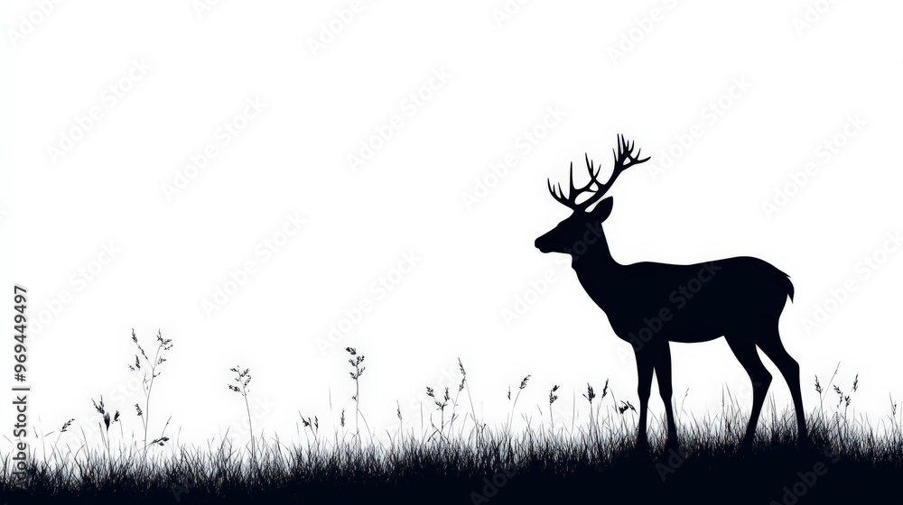 Obraz premium Silhouette of a deer standing in tall grass against a white background, evoking a calm and serene nature scene.