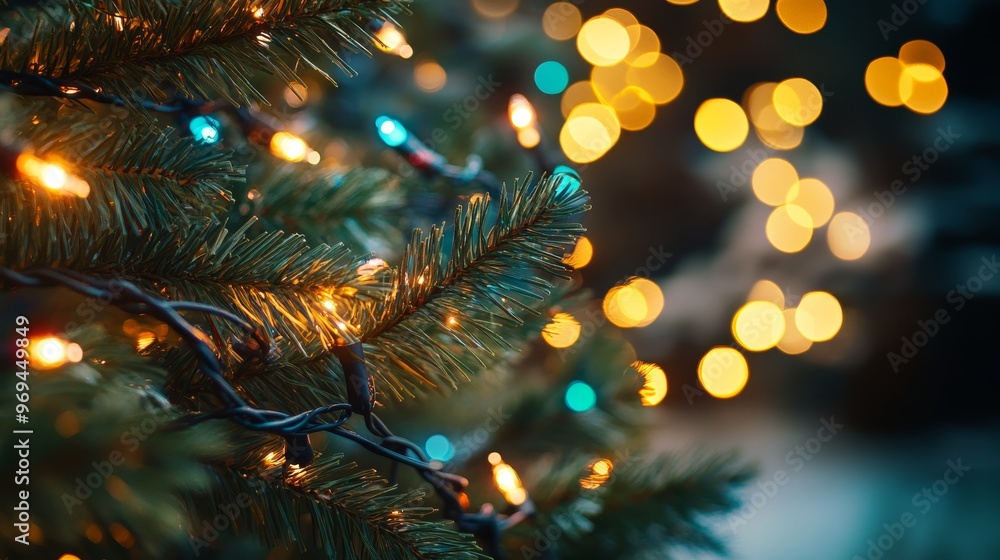 Close up background image of Christmas tree decorated with lights outdoors with fir branches framing shot copy space Close up background image of Christmas tree decorated with lights outdoors with fir branches framing shot copy space