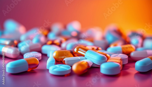 Medication pills and capsules arranged on a colorful backdrop 