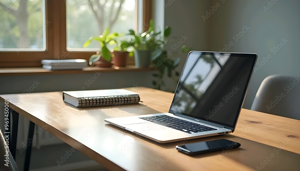 Laptop and Phone on Wooden Table. Laptop and Phone on Wooden Table.