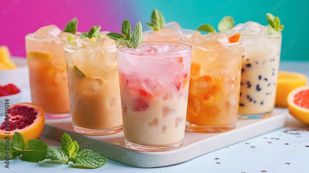 A beautifully arranged tray with several glasses of iced milk tea in different flavors, garnished with fresh mint leaves and fruit slices, set against a vibrant, colorful backdrop. A beautifully arranged tray with several glasses of iced milk tea in different flavors, garnished with fresh mint leaves and fruit slices, set against a vibrant, colorful backdrop.