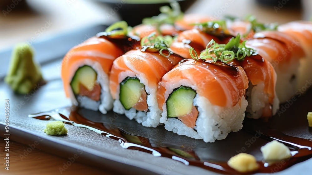 A beautifully presented salmon sushi roll with avocado, cucumber, and a drizzle of soy sauce, served on a stylish platter with decorative garnishes. A beautifully presented salmon sushi roll with avocado, cucumber, and a drizzle of soy sauce, served on a stylish platter with decorative garnishes.