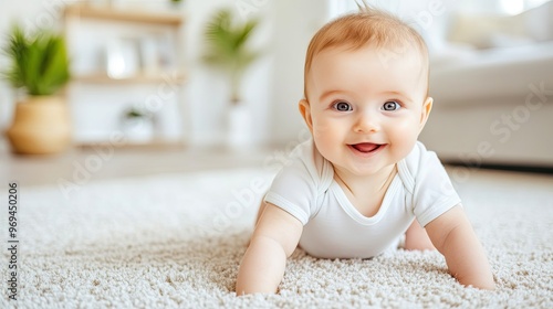 A cheerful baby grinning as she playfully peeks from behind an armchair, enjoying the warm ambiance of her home filled with natural light