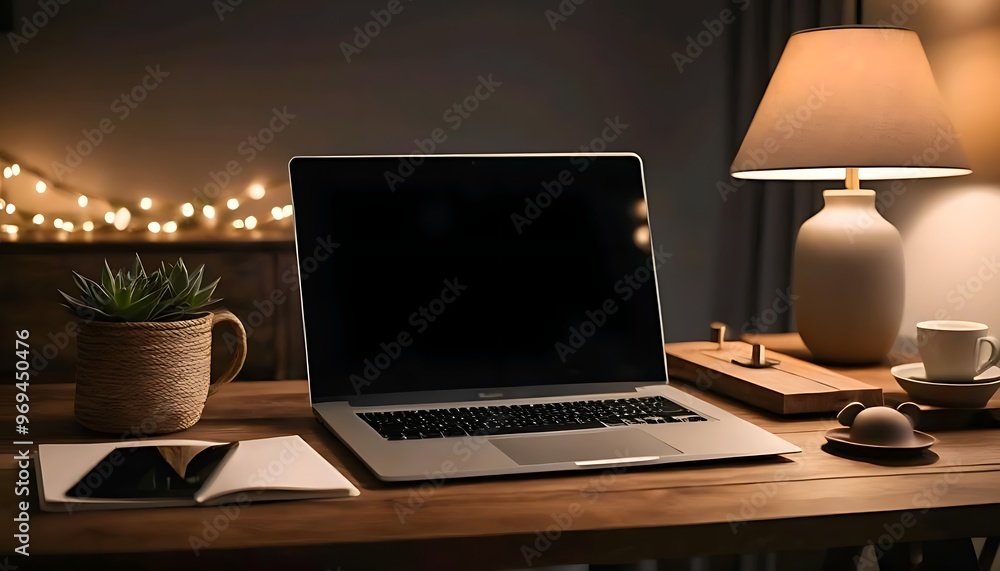 Laptop on Wooden Desk with Lamp and Plant.