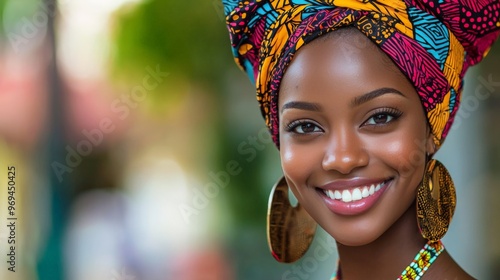 Young Black woman smiling confidently wearing a colorful African headwrap and statement earrings