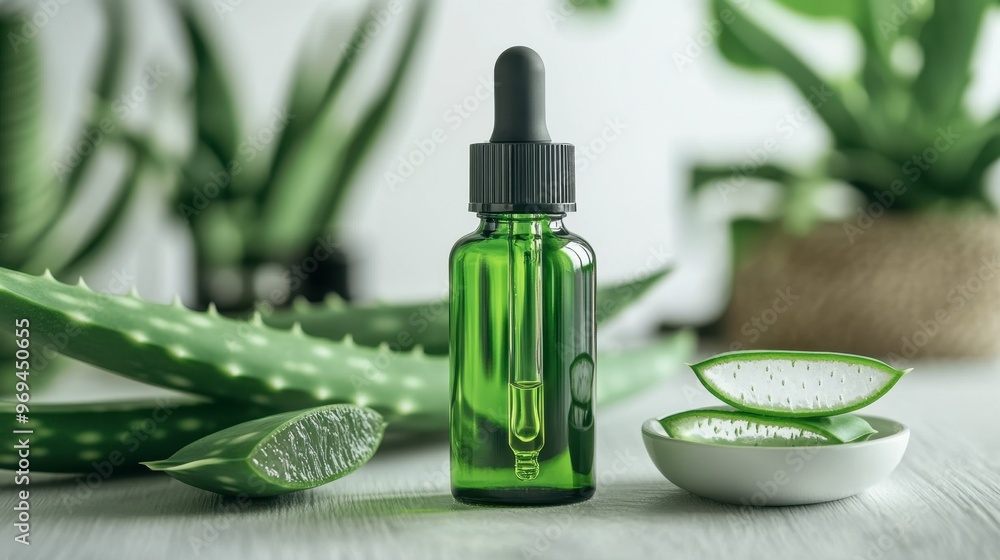 A bottle of aloe vera juice or gel with a dropper, surrounded by fresh aloe vera leaves and a small dish of gel, set on a light, natural wood surface. A bottle of aloe vera juice or gel with a dropper, surrounded by fresh aloe vera leaves and a small dish of gel, set on a light, natural wood surface.