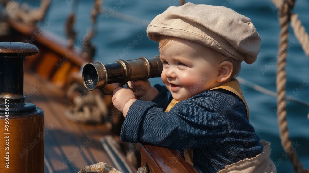 Obraz premium A baby in a sailors uniform, holding a telescope and looking out to sea from the deck of a small boat