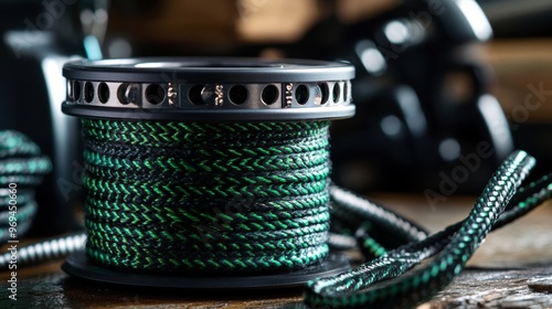 Black and silver fishing line spool with green braided fishing line photo