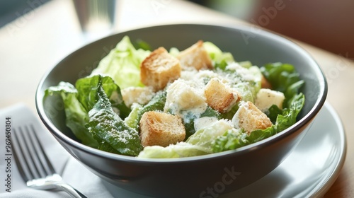 A bowl of classic Caesar salad with crisp romaine lettuce, croutons, parmesan cheese, and a creamy Caesar dressing, served with a fork on a clean, modern plate.