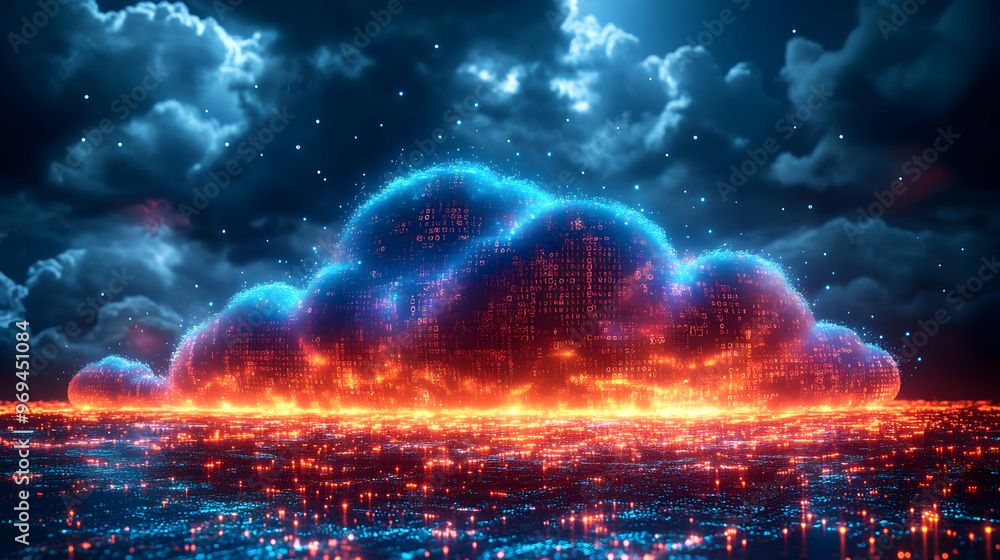 A vibrant digital cloud illuminated by blue and orange lights against a dark sky. A vibrant digital cloud illuminated by blue and orange lights against a dark sky.