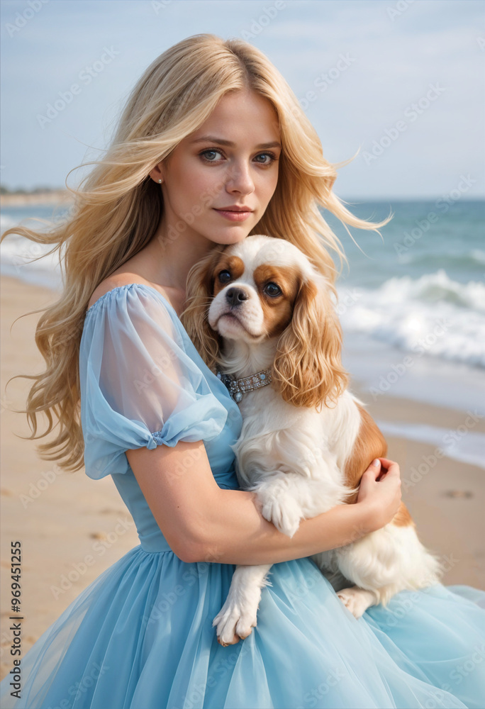 Beautiful Caucasion girl, long blonde hair blowing in the wind, blue dress holding cavalier king charles spaniel dog on a sandy beach with waves and ocean behind her. Beautiful Caucasion girl, long blonde hair blowing in the wind, blue dress holding cavalier king charles spaniel dog on a sandy beach with waves and ocean behind her.