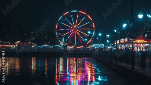 A brightly lit Ferris wheel at night, with colorful lights reflecting off the surrounding fairground, creating a festive and vibrant atmosphere.