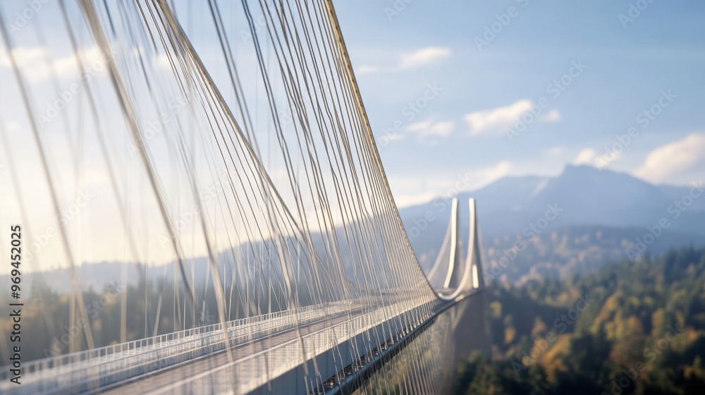 Obraz premium A close-up of a bridge suspension cables and towers, with a focus on the engineering details and the bridge connection to the surrounding landscape.