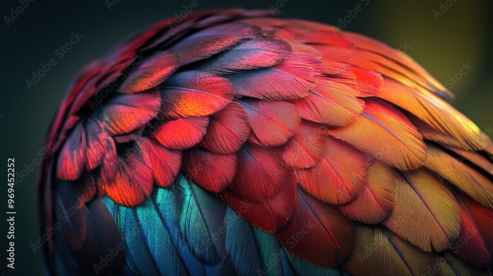 Obraz premium A close-up of a chicken's vibrant feathers, highlighting the intricate patterns and rich colors, with soft natural lighting to emphasize the textures.