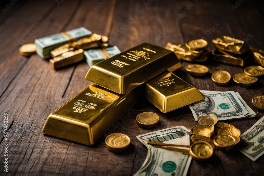 Money and gold bars lie on the floor Money and gold bars lie on the floor
