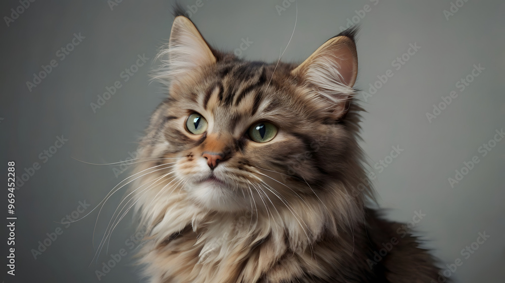 Beautiful tabby kitten with bright green eyes, a fluffy white fur, and playful whiskers, posing for a portrait Beautiful tabby kitten with bright green eyes, a fluffy white fur, and playful whiskers, posing for a portrait