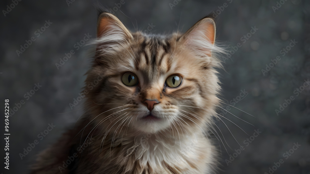 Beautiful tabby kitten with bright green eyes, a fluffy white fur, and playful whiskers, posing for a portrait Beautiful tabby kitten with bright green eyes, a fluffy white fur, and playful whiskers, posing for a portrait