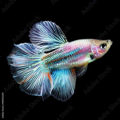 A vibrant, colorful fish showcasing intricate fins and patterns against a black background. photo