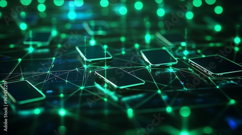 Illuminated Digital Network: Grid of Connected Smartphones with Green Glow on Dark Background