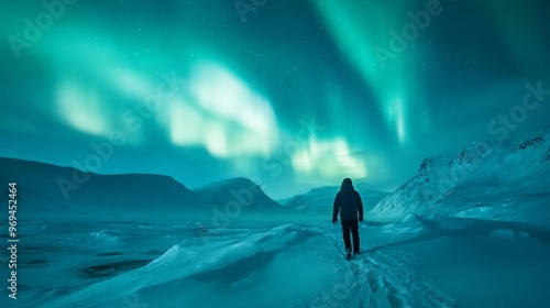 Adventurer exploring a remote, snow-covered landscape, with the aurora borealis dancing in the night sky above.