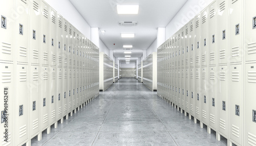 Empty school hallway with lockers lined up on each side