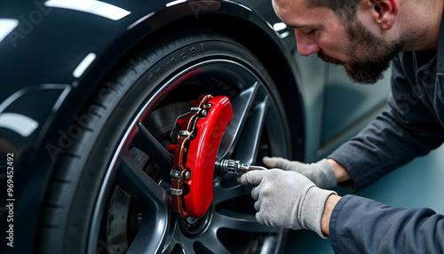 Focused mechanic adjusting the red brake caliper of a sleek sports car, showcasing precision work in an automotive garage setting.