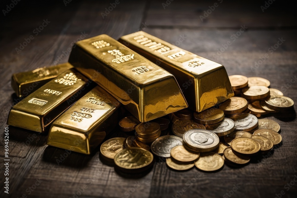 Money and gold bars lie on the floor Money and gold bars lie on the floor