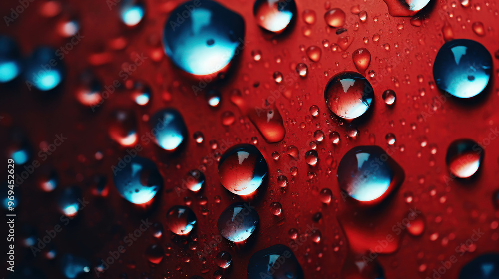 Red and Blue Water Drops Abstract: A mesmerizing pattern of red and blue water droplets glistening on a dark red background. Macro photography captures the intricate details of each drop, creating a Red and Blue Water Drops Abstract: A mesmerizing pattern of red and blue water droplets glistening on a dark red background. Macro photography captures the intricate details of each drop, creating a