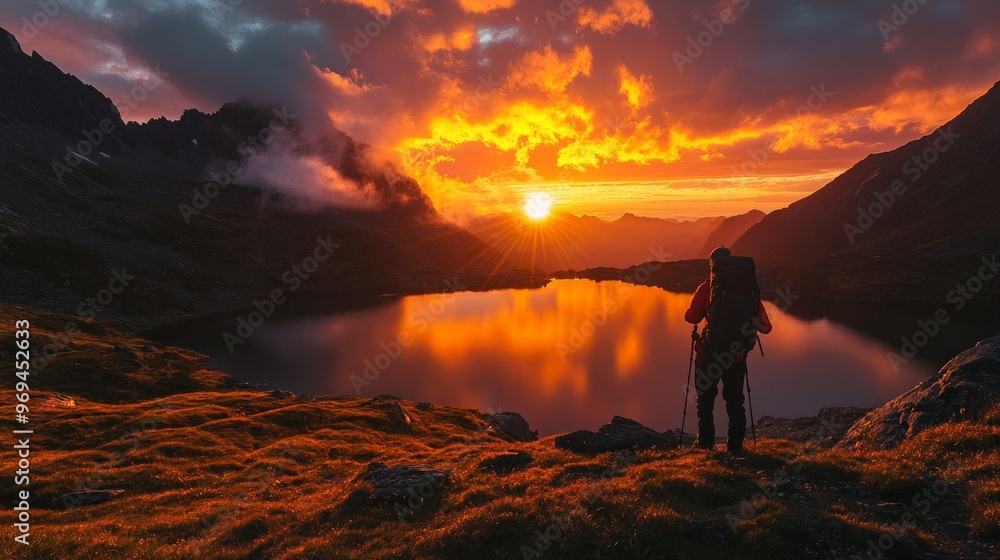 Breathtaking view of a sunrise over a tranquil mountain lake, with a hiker silhouetted against the glowing sky. Breathtaking view of a sunrise over a tranquil mountain lake, with a hiker silhouetted against the glowing sky.